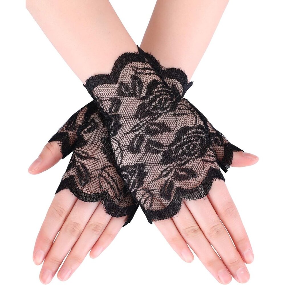 Women's Black Floral Short Lace Fingerless Gloves Wedding Party Accessories